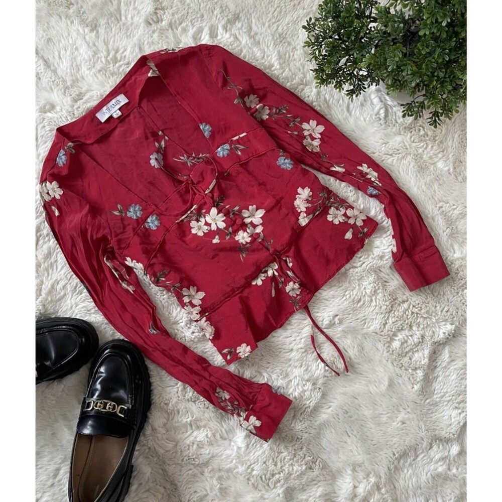INTERMIX 100% Silk Floral Blouse Top Red Pink Tie Front Made in USA Size 2